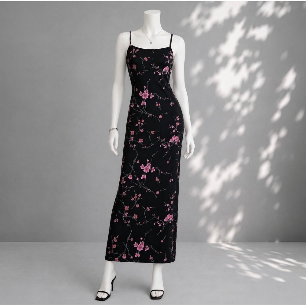 Vintage 90s Byer Too Floral Maxi Dress XS Black Pink Fairycore Whimsigoth Grunge